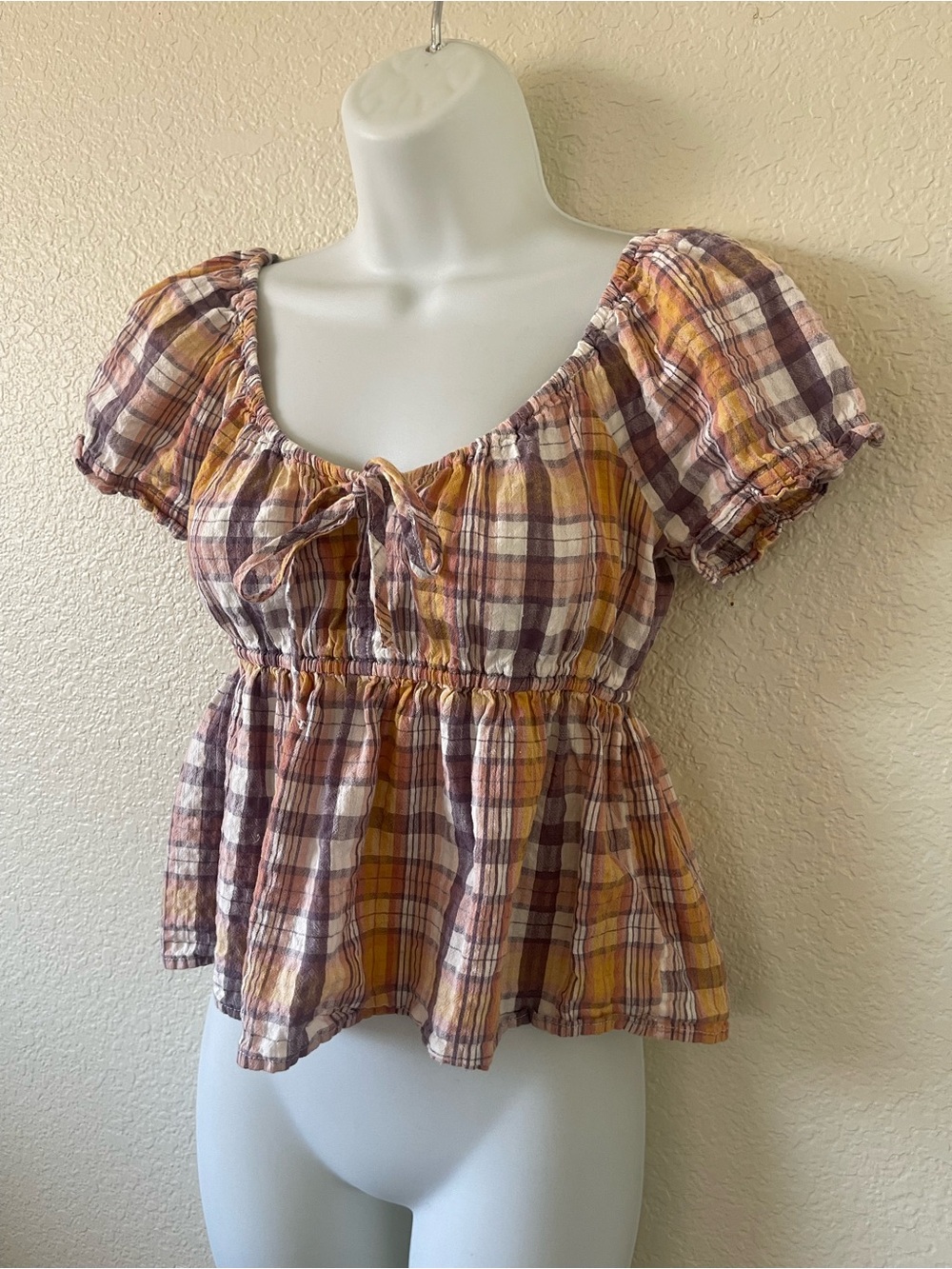 Lucky Brand XS Tie Front Plaid Babydoll Top Puff Sleeve Peplum Boho Cotton